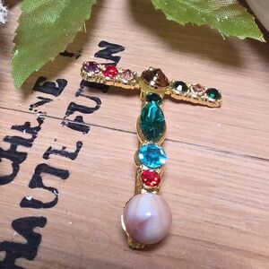 NWOT Letter T Initial Name letter Jeweled Multicolor Brooch Personalized Gift